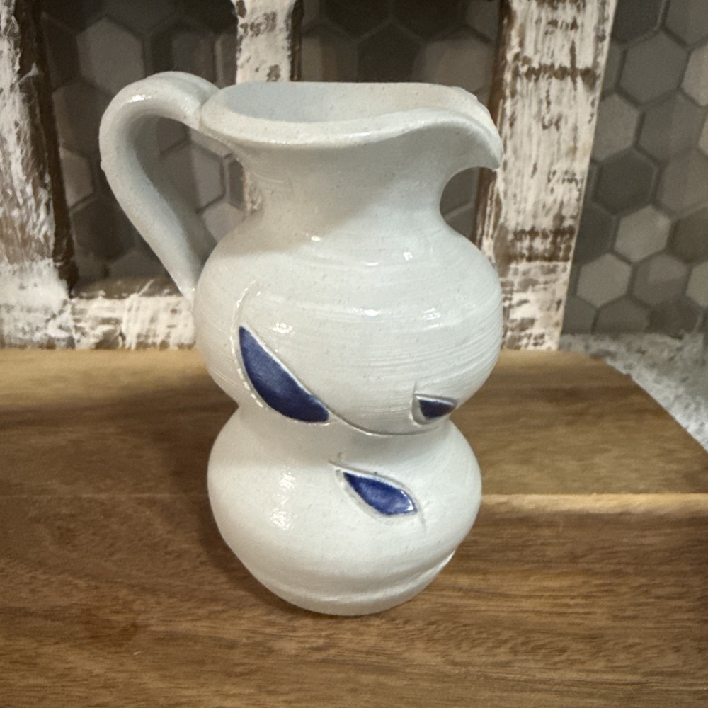 Williamsburg Pottery Mini Small Salt Glazed Blue Flower Vase Pitcher 4" Tall